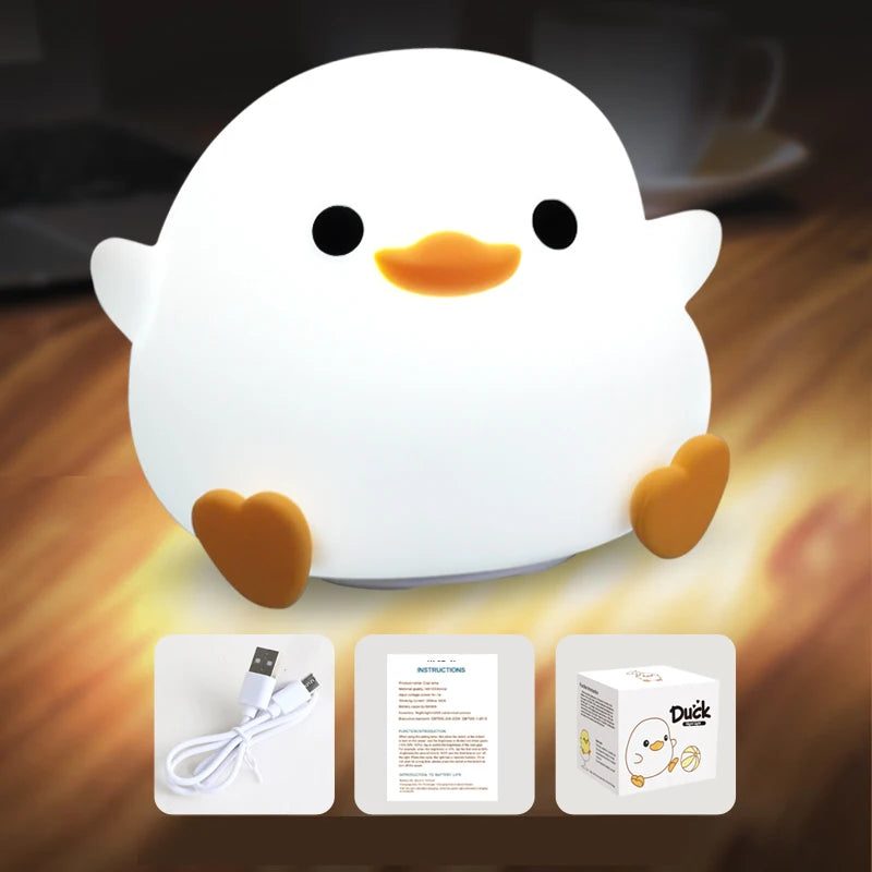 LED Night Light - Adorable Duck Cartoon Silicone Lamp with Touch Sensor, Timer, and USB Rechargeable for Children's Gifts