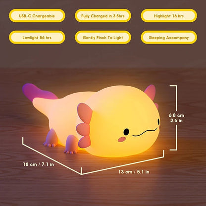 Axolotl Silicone Night Light - Touch Control USB Rechargeable Table Lamp for Nursery and Children's Sleep Environment